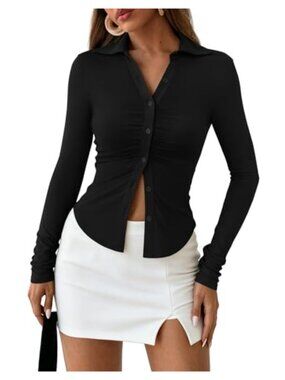Women's Stretch Knit Ruched Button Down Shirt Long Sleeve